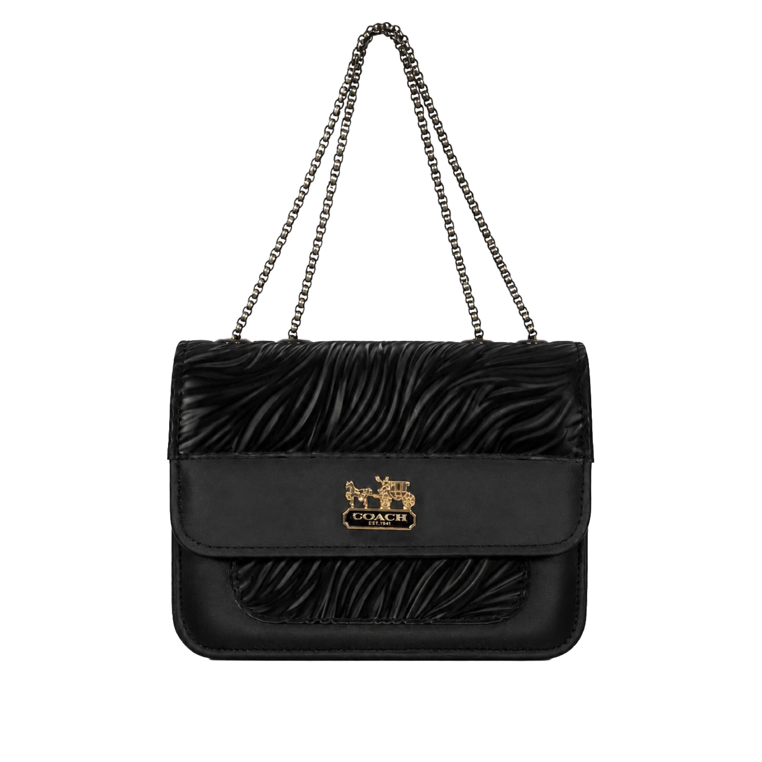 Nyxara Fairy Black Wave-Textured Structured Shoulder Bag with Chain Strap